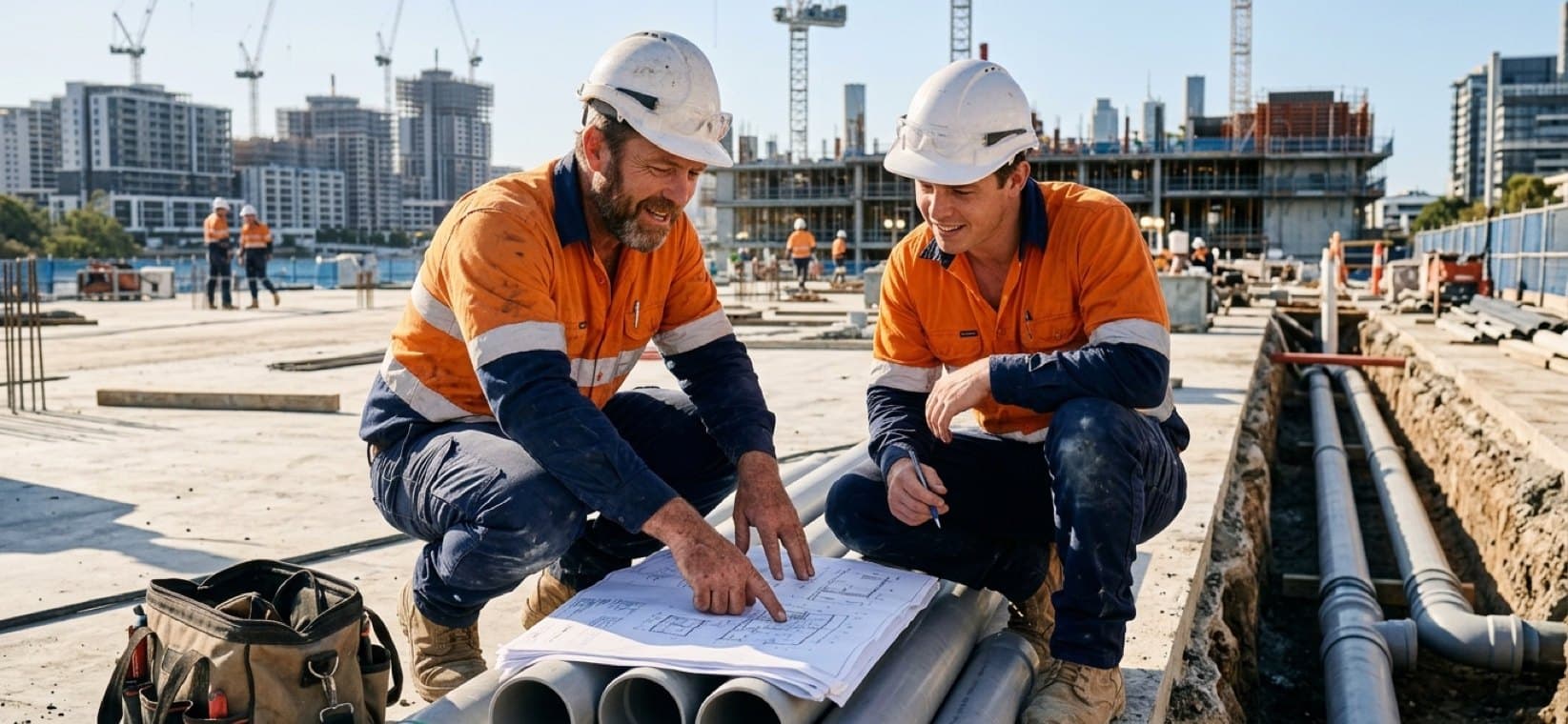 An experienced Rivora Plumbing tradesperson walking a younger teammate through hydraulic drawings on site