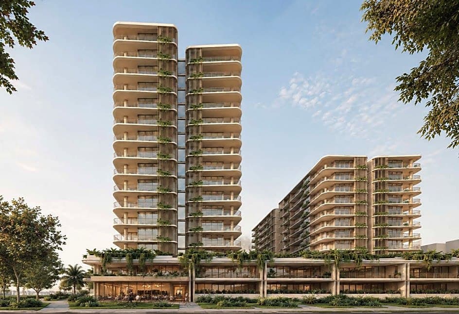 Architectural render of premium residential towers with landscaped balconies