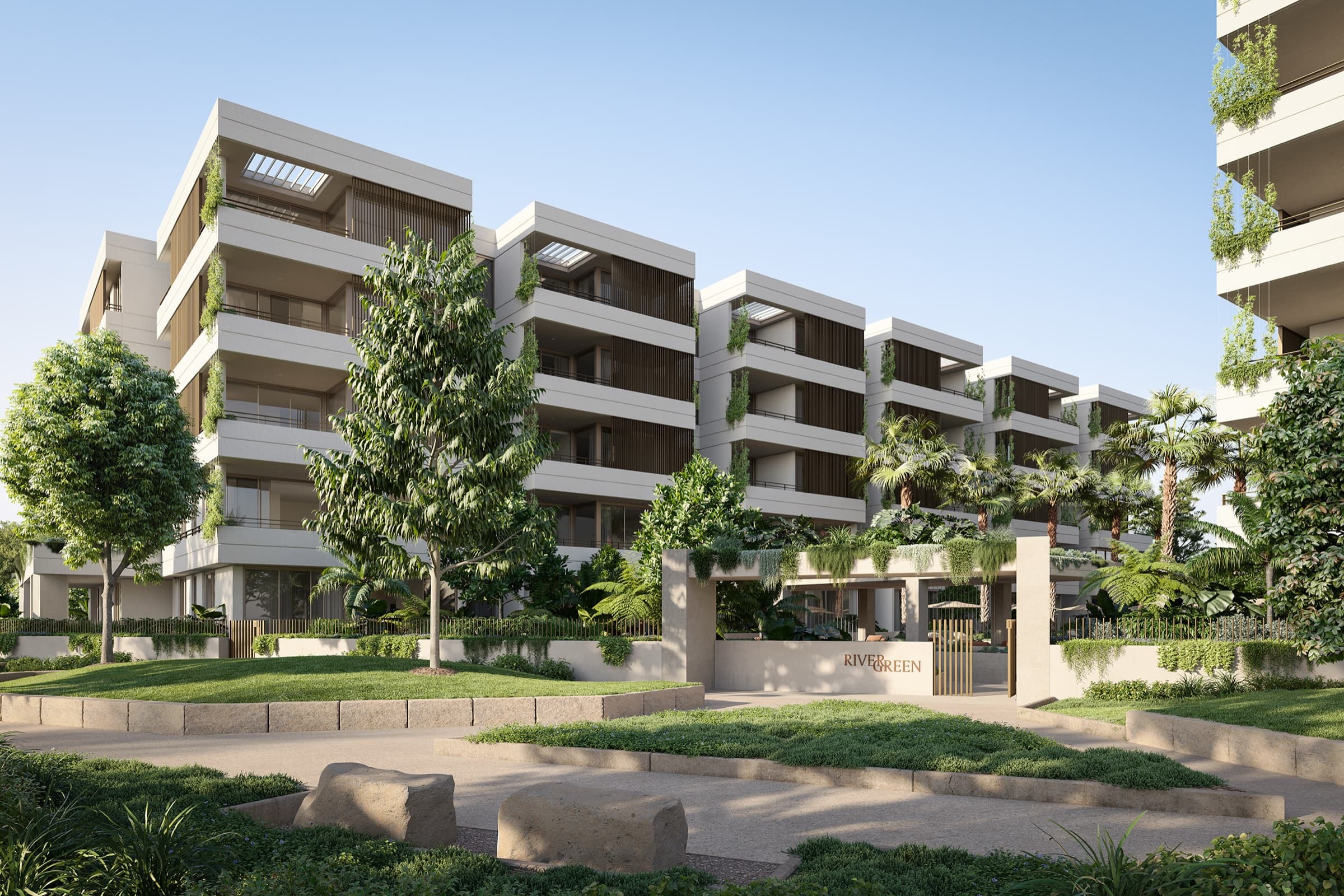 Architectural render of premium residential towers with landscaped balconies