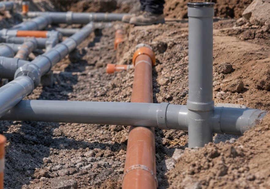 Below-ground drainage and hydraulic pipework installed in open trenches on a commercial site