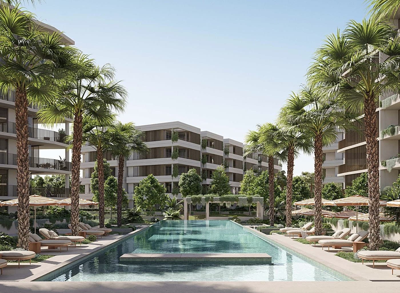 Architectural render of a multi-residential development with landscaped pool courtyard