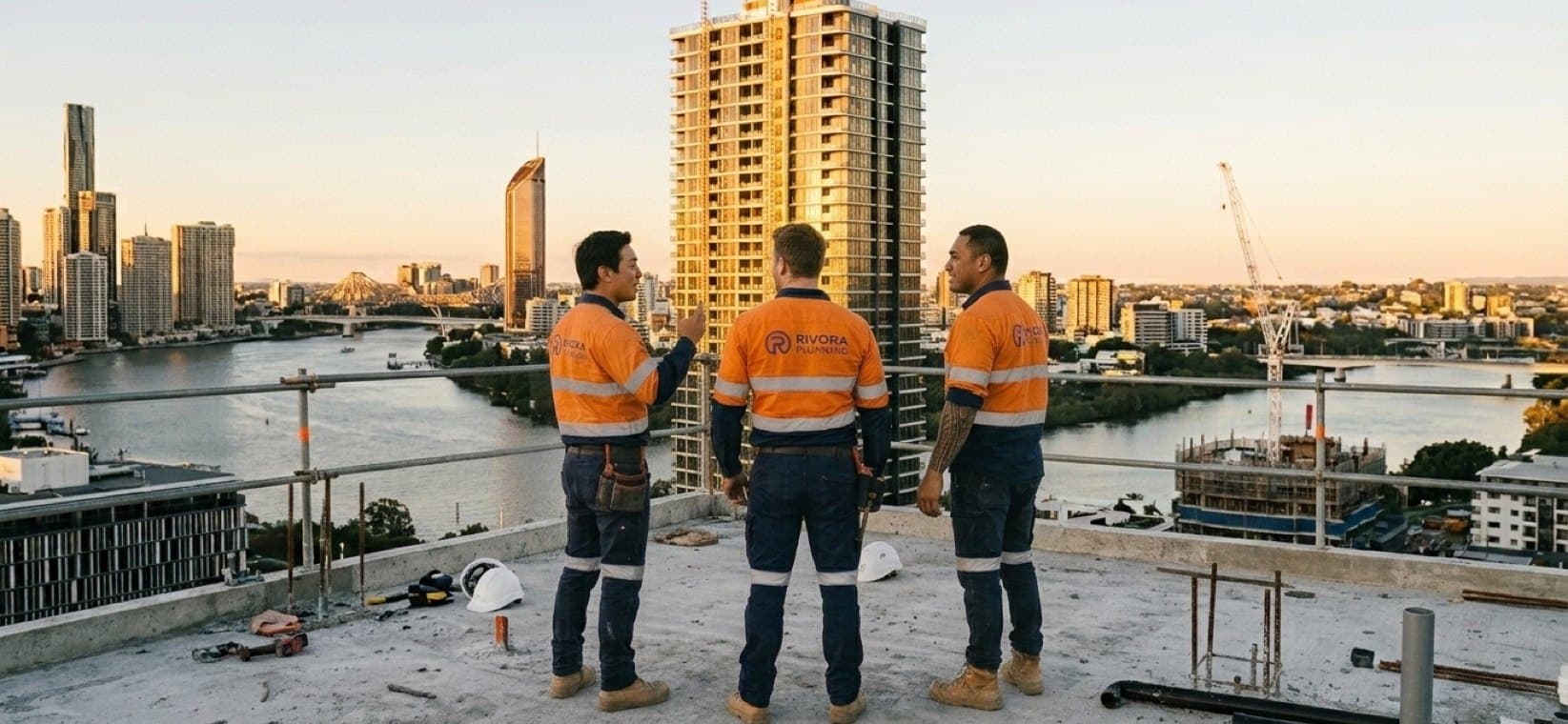 Rivora Plumbing crew on a rooftop at sunset looking out at a completed Brisbane apartment tower