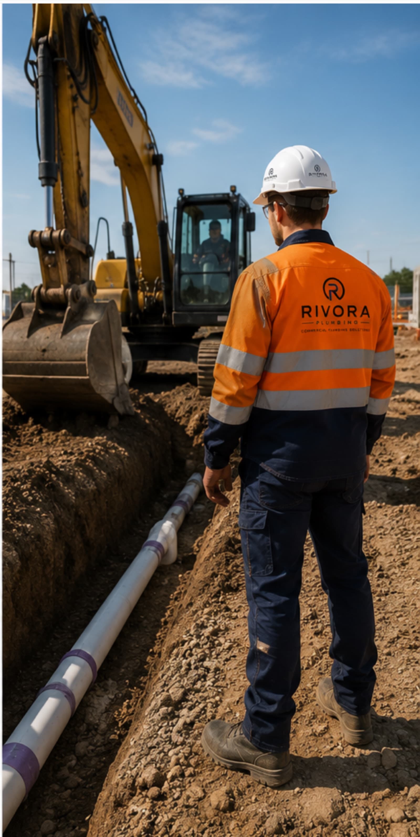Rivora Plumbing worker at an open excavation trench on a commercial construction site