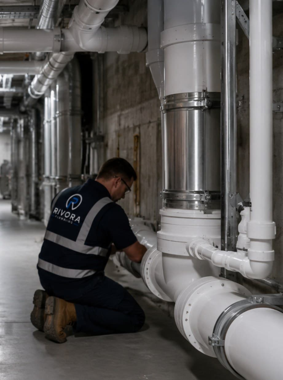 Rivora Plumbing worker on large commercial pipework in a plant room