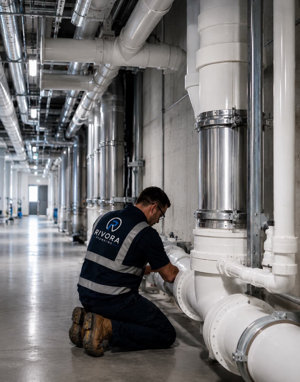 Rivora Plumbing worker on large commercial pipework in a plant room